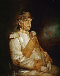 Chanceler Otto von Bismarck de uniforme com capacete da Prússia